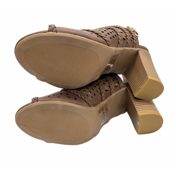 Brown Perforated Braided Peep Toe Block Heel Western Singback Sandals 7.5 - Picture 9 of 12